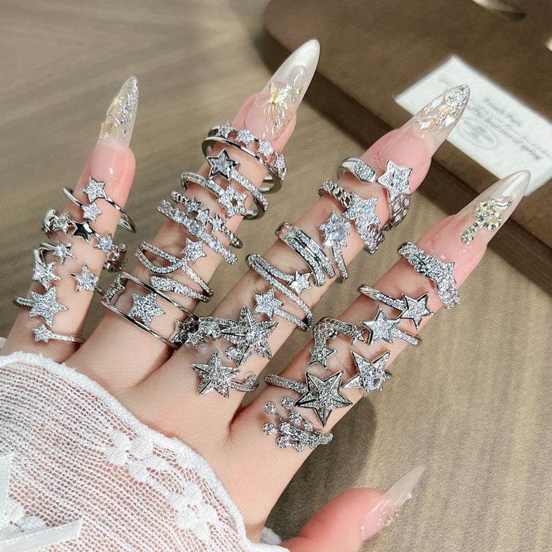 ins Trend Cross-border fashion Starry Sky micro-inlaid zircon simple ring, a star girl's cool and elegant light luxury ring Specification drawing