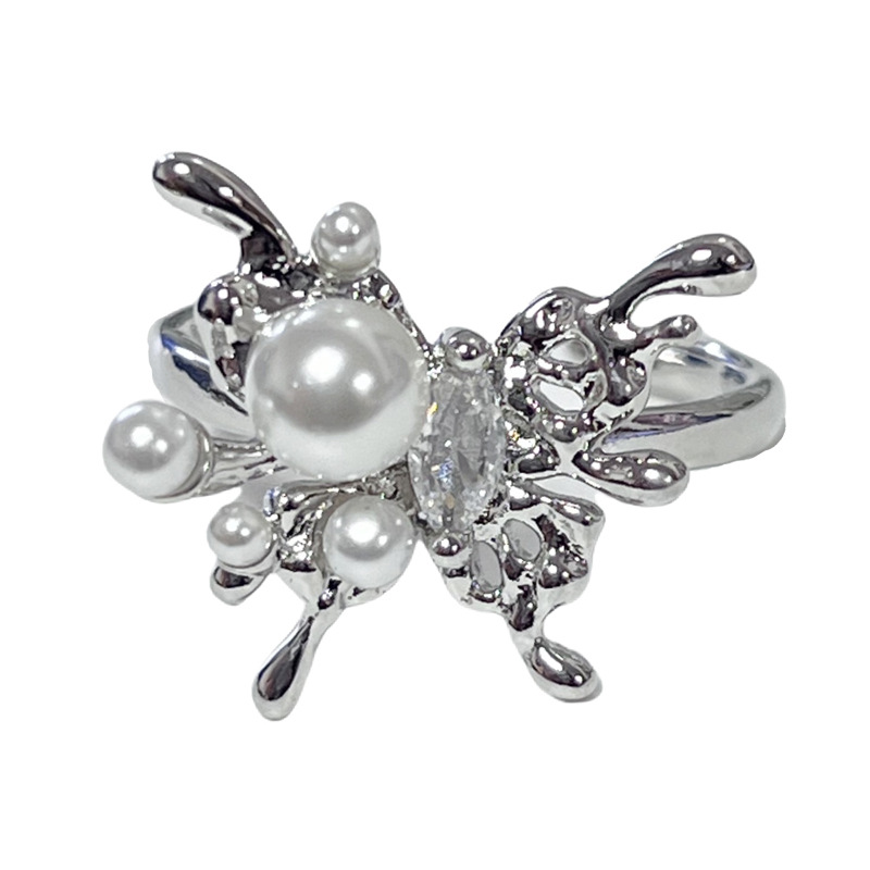 French-style pearl inlaid fashionable open ring for women, a unique and high-end look, sweet and cool bow, exquisite ring trend Item Picture