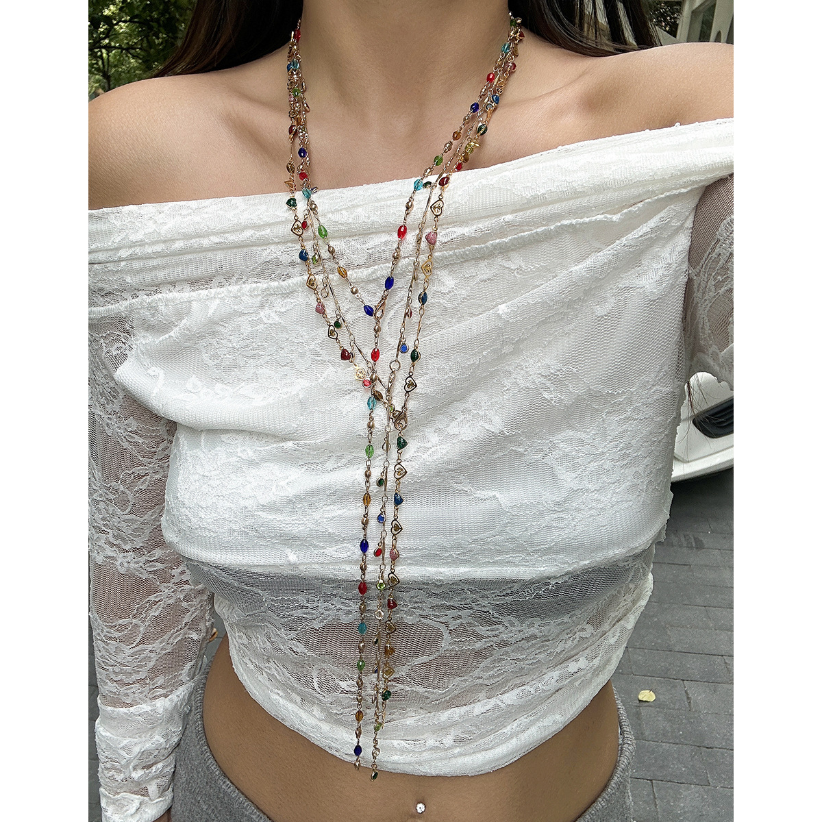 European and American cross-border jewelry, fashionable tassel Y-shaped chain necklace, simple multi-layer oil-dripping beaded collarbone chain for women full figure
