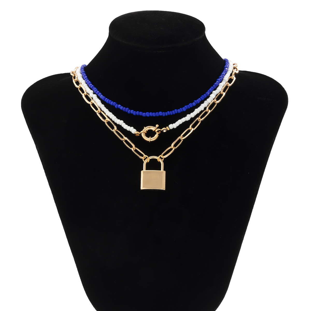Simple and retro lock-shaped set, tassel necklace, women's European and American cross-border accessories, punk beaded rice beads, geometric necklace Item Picture