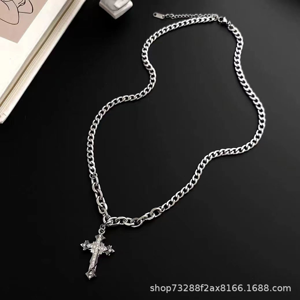 European and American trend diamond-encrusted double-layer cross pendant stainless steel necklace, hip-hop style light luxury long sweater chain details Picture
