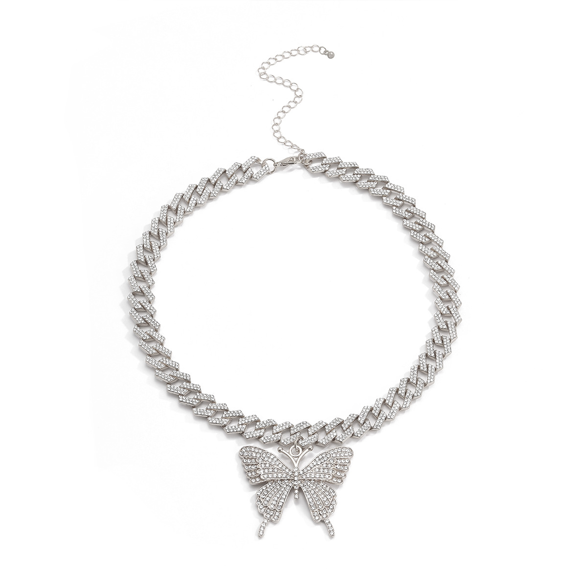 European and American cross-border jewelry creative micro-inlaid rhinestone geometric necklace, fashionable and simple Cuban large butterfly alloy necklace Specification drawing