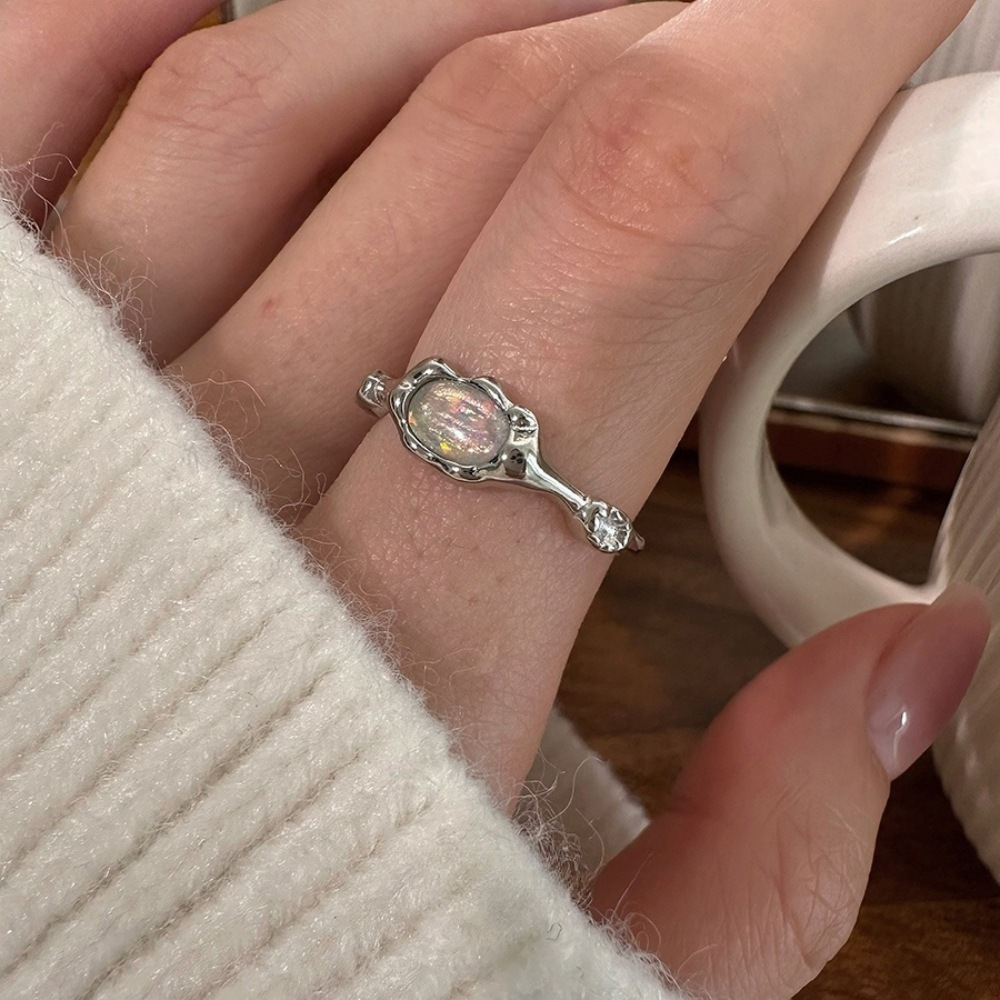 Opal colored small diamond ring for women, 925 sterling silver ring, new ins style, high-end feel, open index finger ring trend details Picture