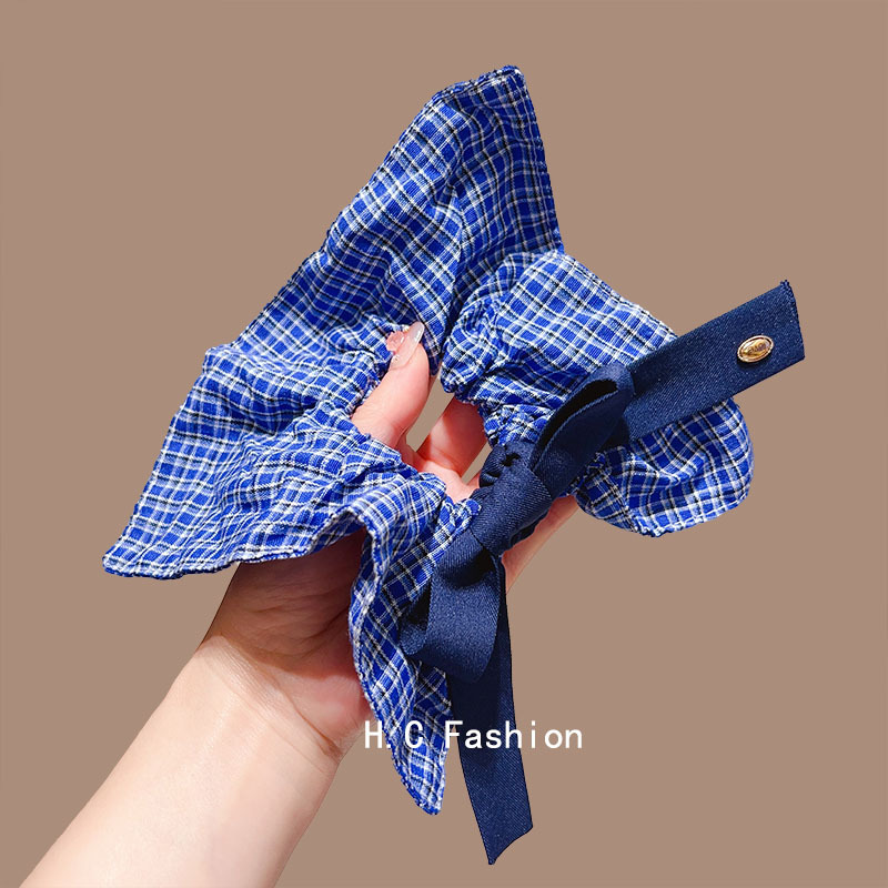 Korean-style denim blue bow check square scarf, large intestine hair tie, women's high-end look, square hair tie headwear, ponytail hair tie Specification drawing