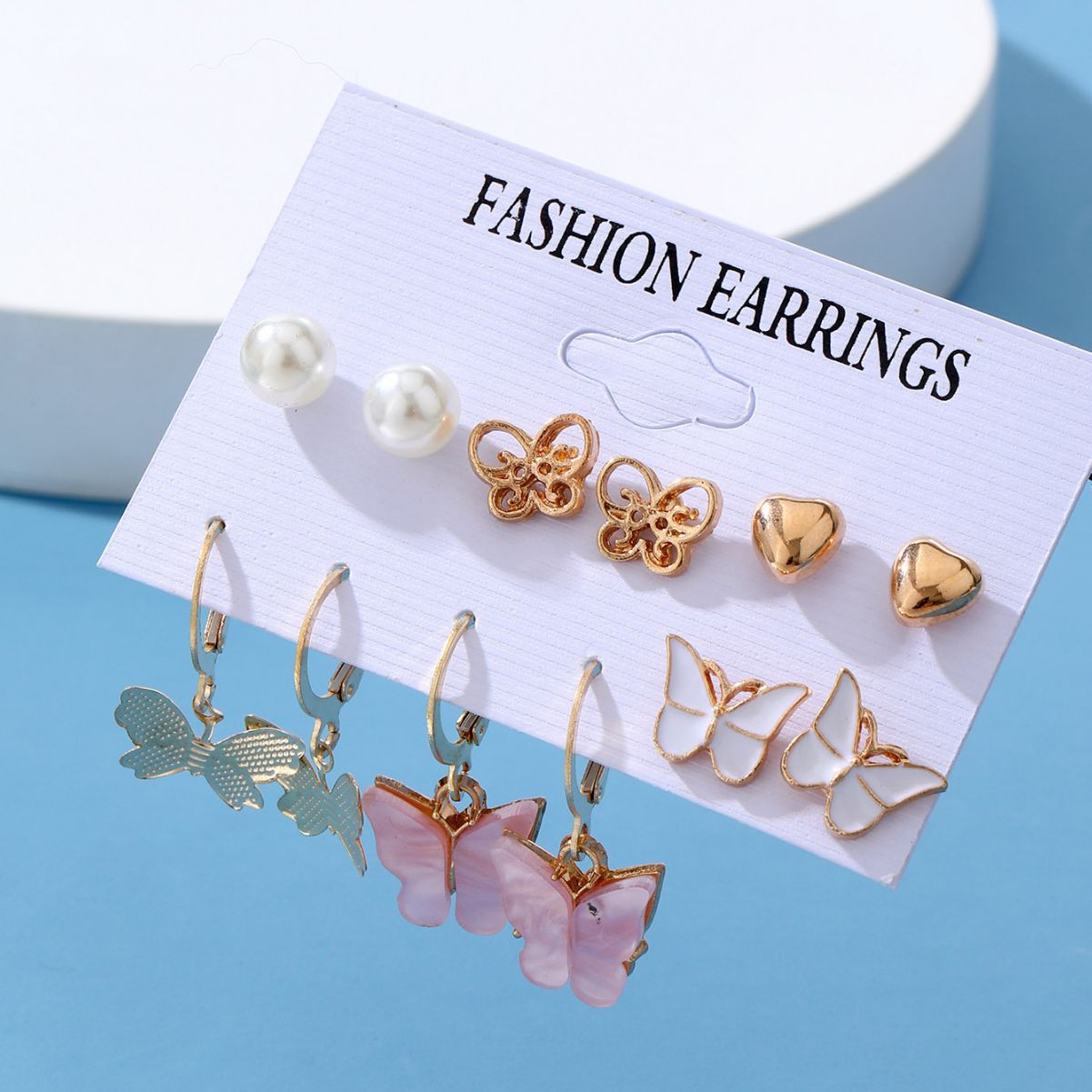 European and American cross-border creative and simple pearl heart-shaped ear rings, butterfly ear clips, retro card earrings 6-piece set batch Specification drawing