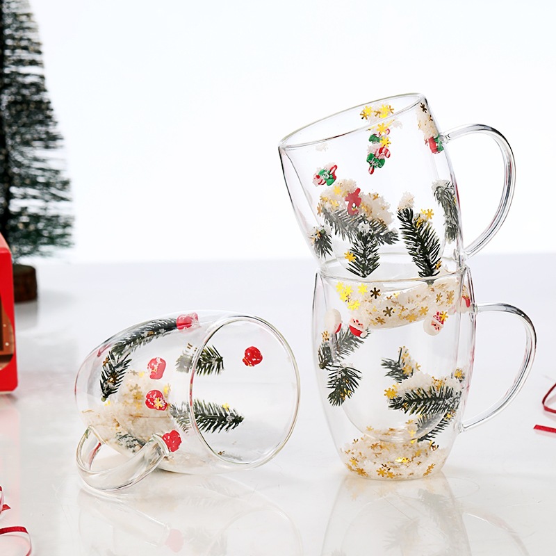 Customized high borosilicate glass double-layer coffee cups with handles and spoons, water cups with high appearance level, Christmas creative cups wholesale full figure