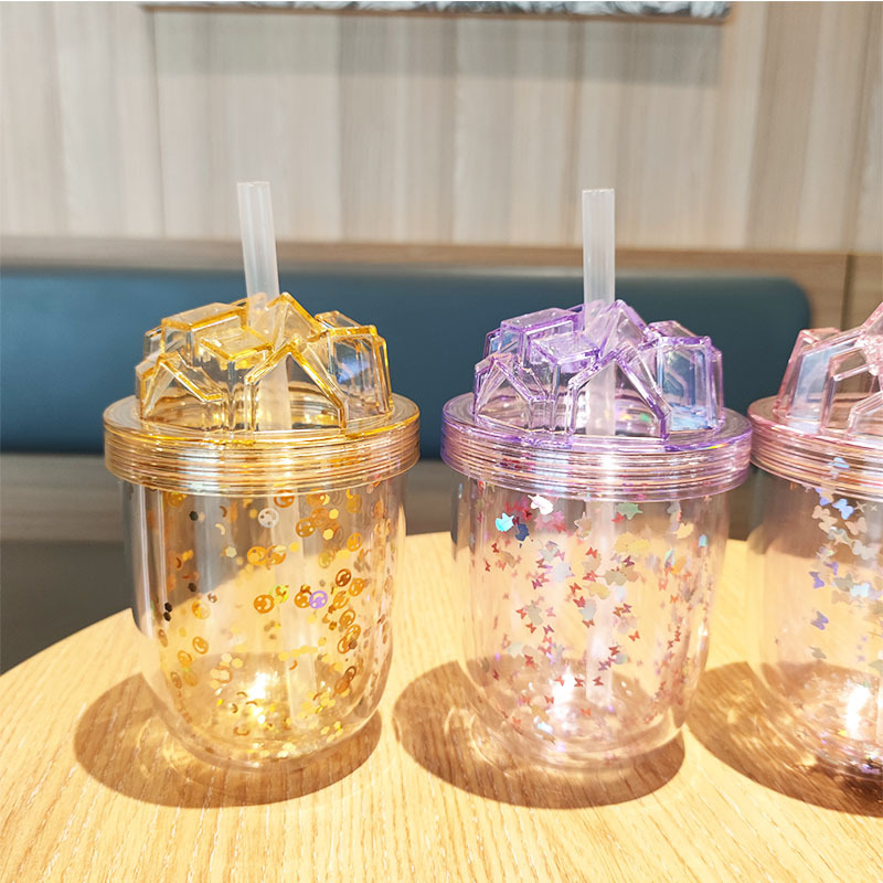 New summer minimalist double-layer glitter straw cup, cross-border Amazon plastic portable milk tea cup AS cold water cup Specification drawing