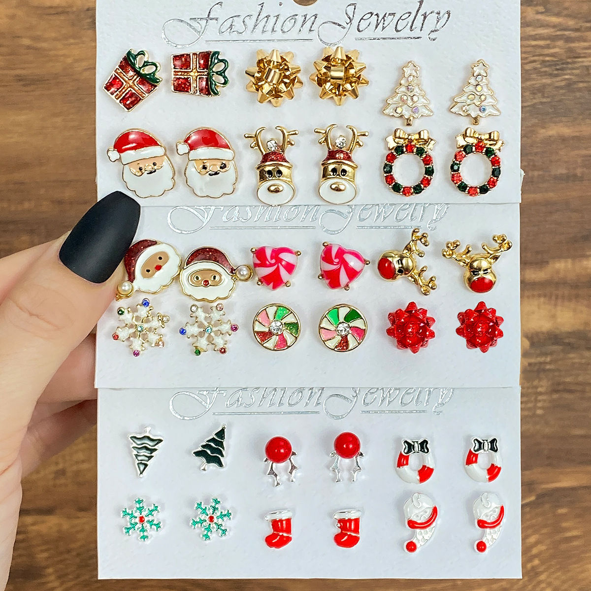 Alloy series snowflake bell stud set, a popular export product. Cartoon oil-dripping walking stick, elderly earrings, women full figure