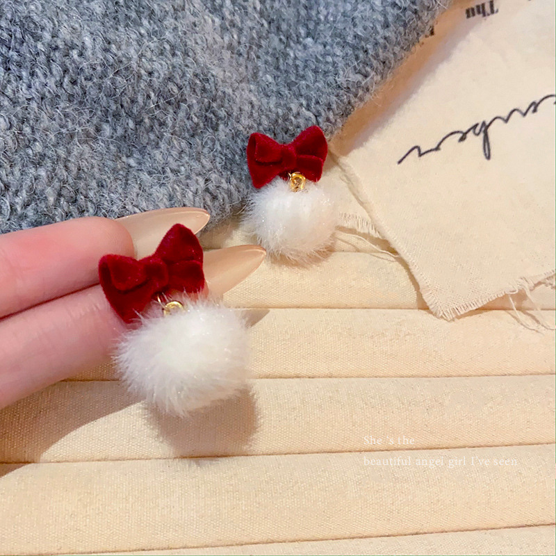 New Year and Christmas retro red earrings 2025 New style bestsellers autumn and winter fur ball stud design bow earrings Specification drawing