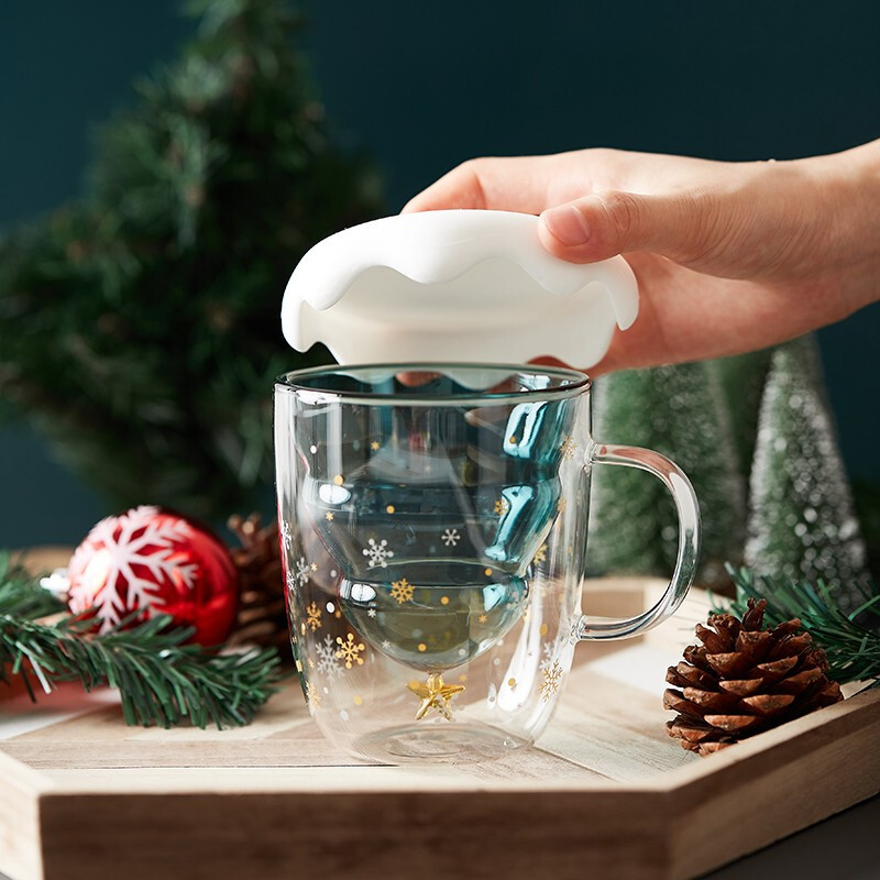 Glass cups, Christmas cups, cute cups, creative New Year gift cups, mugs, double-layered household drinking cups with LIDS Application Scenario