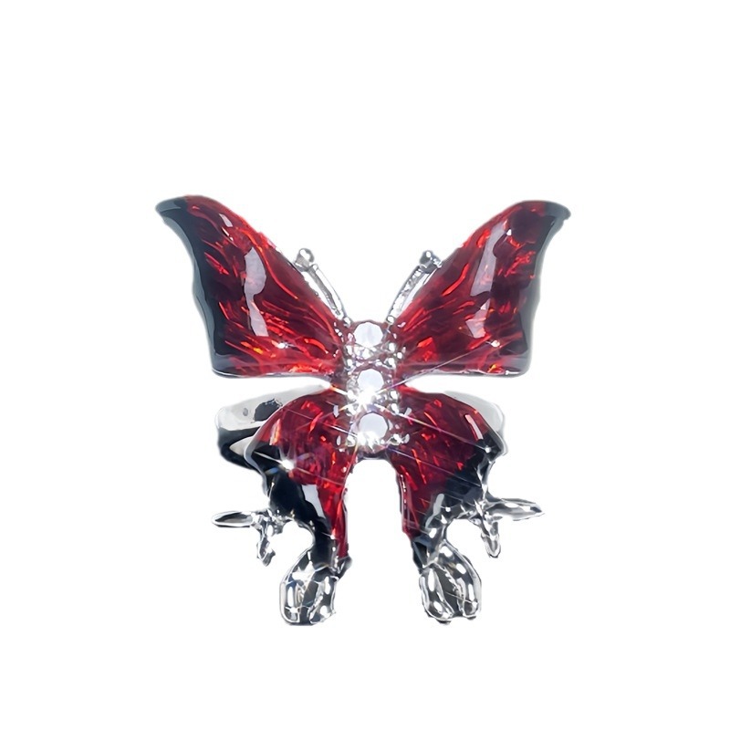 A sweet and cool red enamel drop glaze butterfly opening ring with a feminine charm, a unique and exquisite design, and a distinctive personality Item Picture