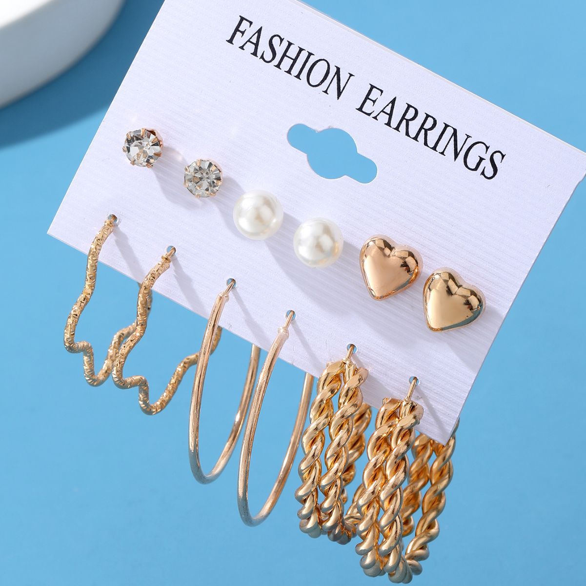 Wholesale of new cross-border star earrings set of 6 pieces, creative, simple and retro pearl pretzel heart-shaped earrings Specification drawing