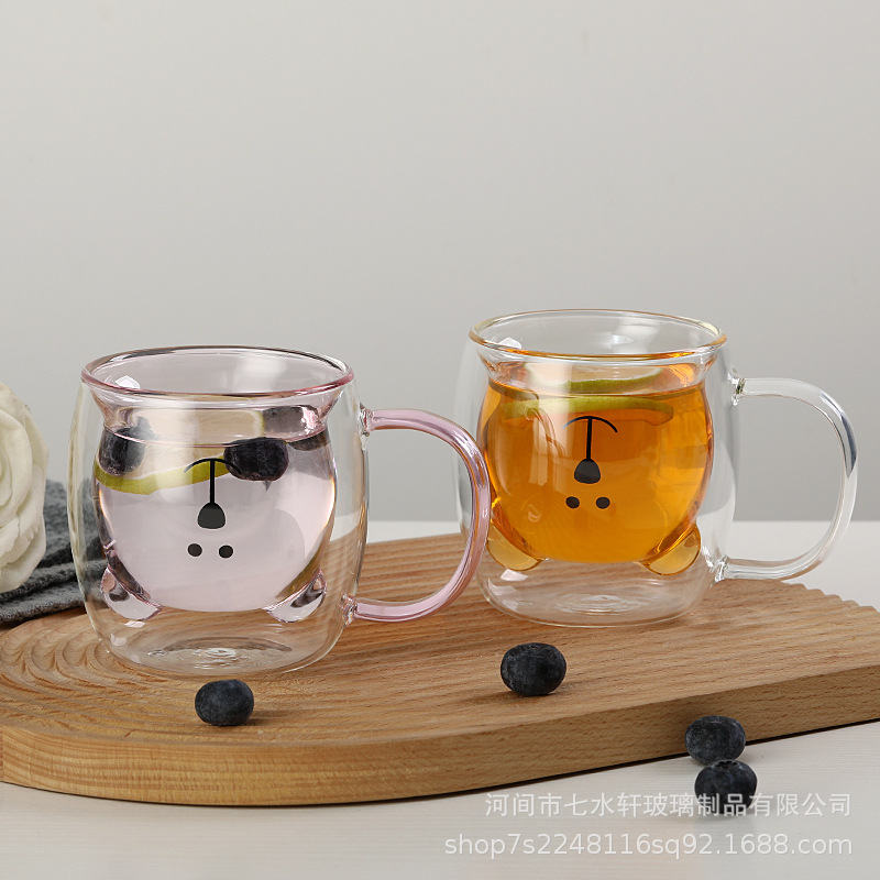 Household glass cups with handles, double-layered cups, bear glass cups with handles, bear cups, coffee cups, breakfast cups, crystals full figure