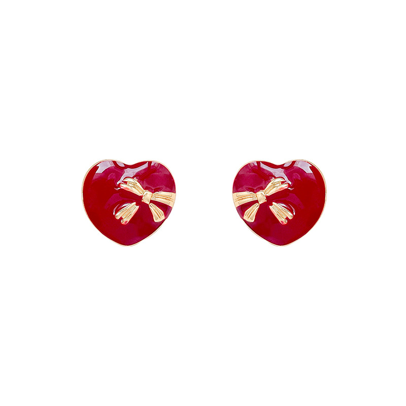 Ankela red glazed heart-shaped stud earrings for women, retro Hong Kong-style bow New Year earrings, sweet design sense earrings Item Picture