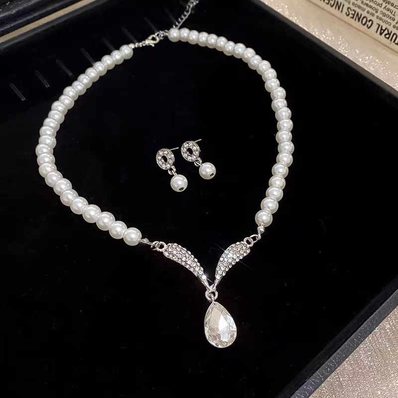 Pearl necklace, neckchain, earrings set, light luxury, niche and high-end feel, collarbone chain, 2025 new style evening dress accessories for women Specification drawing