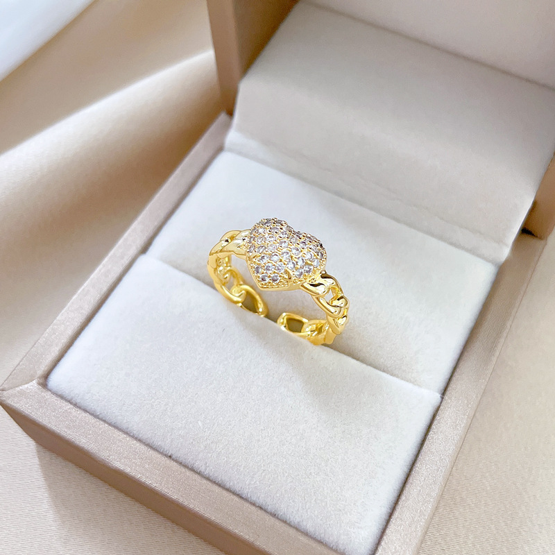【 Real Gold electroplating 】 Open heart zircon fashionable micro-inlaid light luxury ring index finger ring, the same style as Internet celebrities, cold style Application Scenario