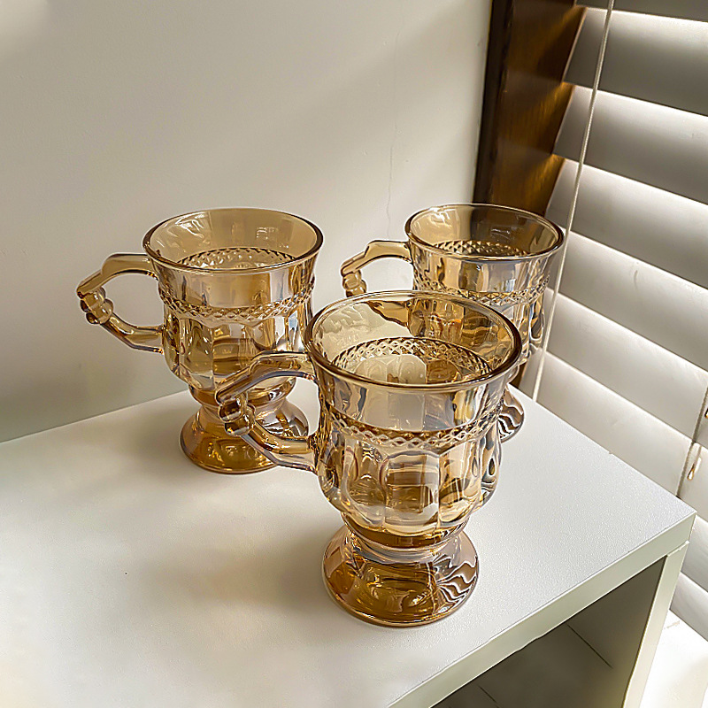 British-style afternoon tea cup, high appearance level, tall legs, small size, light luxury, embossed European retro glass latte coffee cup with handle full figure