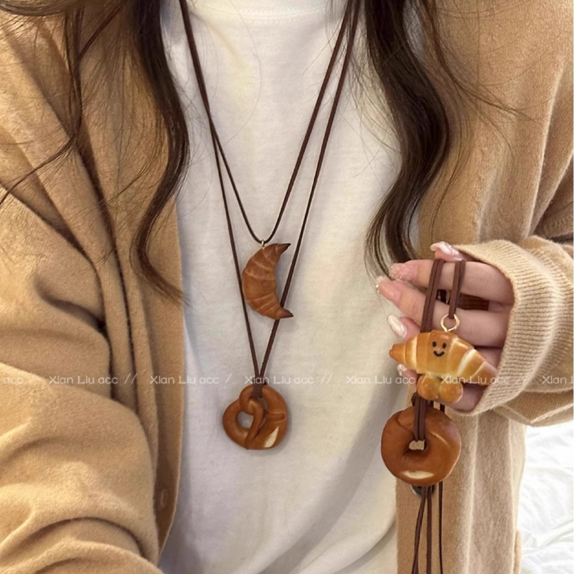 Handmade bread, alkali water knot, croissant, croissant, pendant necklace, a unique, fashionable and versatile necklace accessory for women Specification drawing