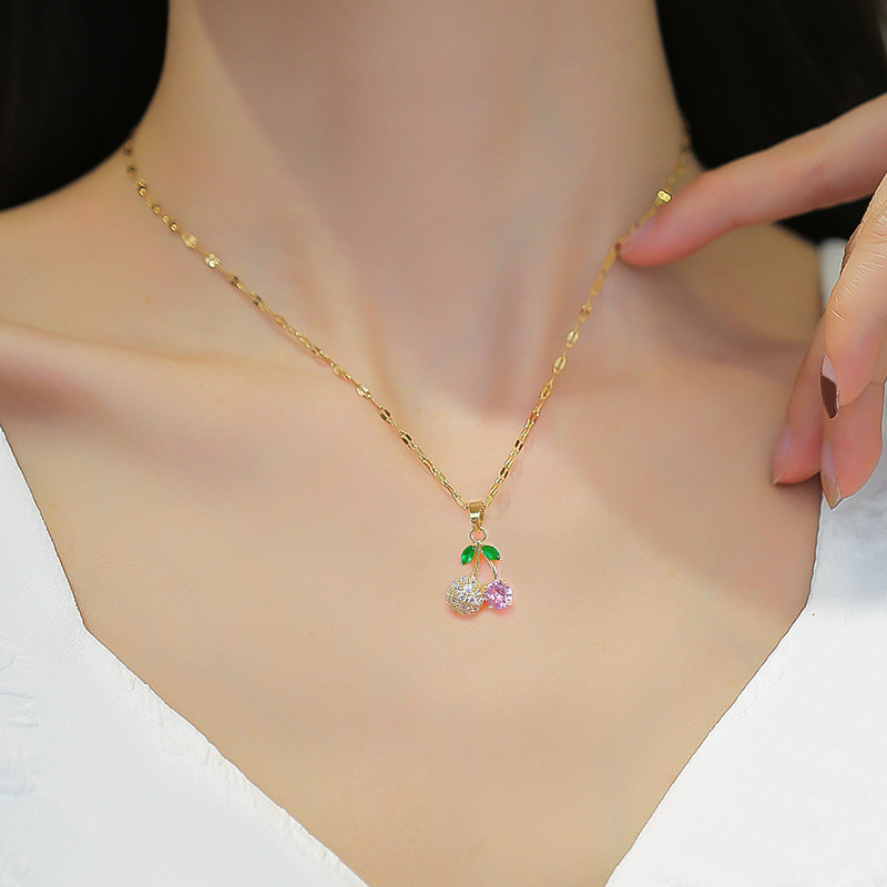 【 Titanium Steel 】 Light luxury cherry pink diamond, fresh and delicate, slightly inlaid real gold necklace earrings, ins collarbone chain accessory set details Picture