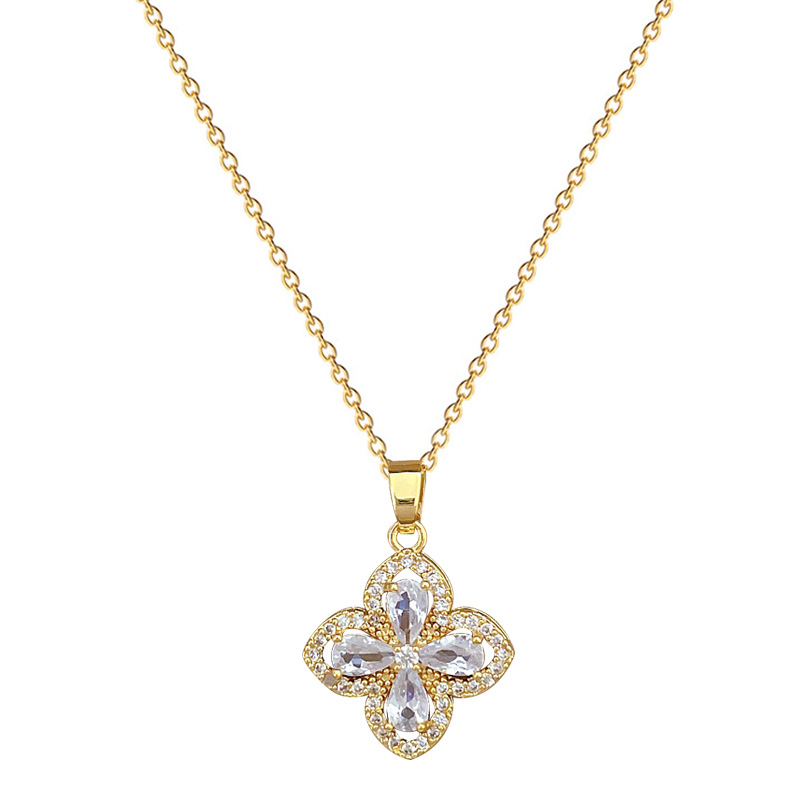 【 Titanium Steel 】 Necklace and earring set, light luxury Full diamond four-leaf zirconia, personalized and elegant banquet earrings and necklaces Item Picture