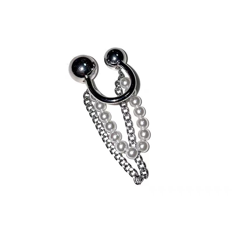 Sweet and cool girl~ Pearl chain ear bone clip design sense ear clip, women's no-ear hole earrings, cold style hip-hop earrings Item Picture