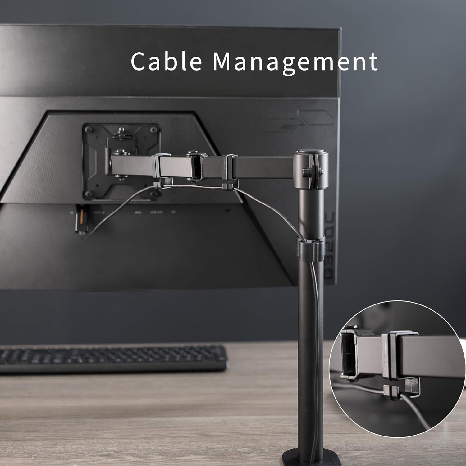 The single monitor arm desktop stand can accommodate a regular screen of up to 32 inches with clamps and perforations Specification drawing