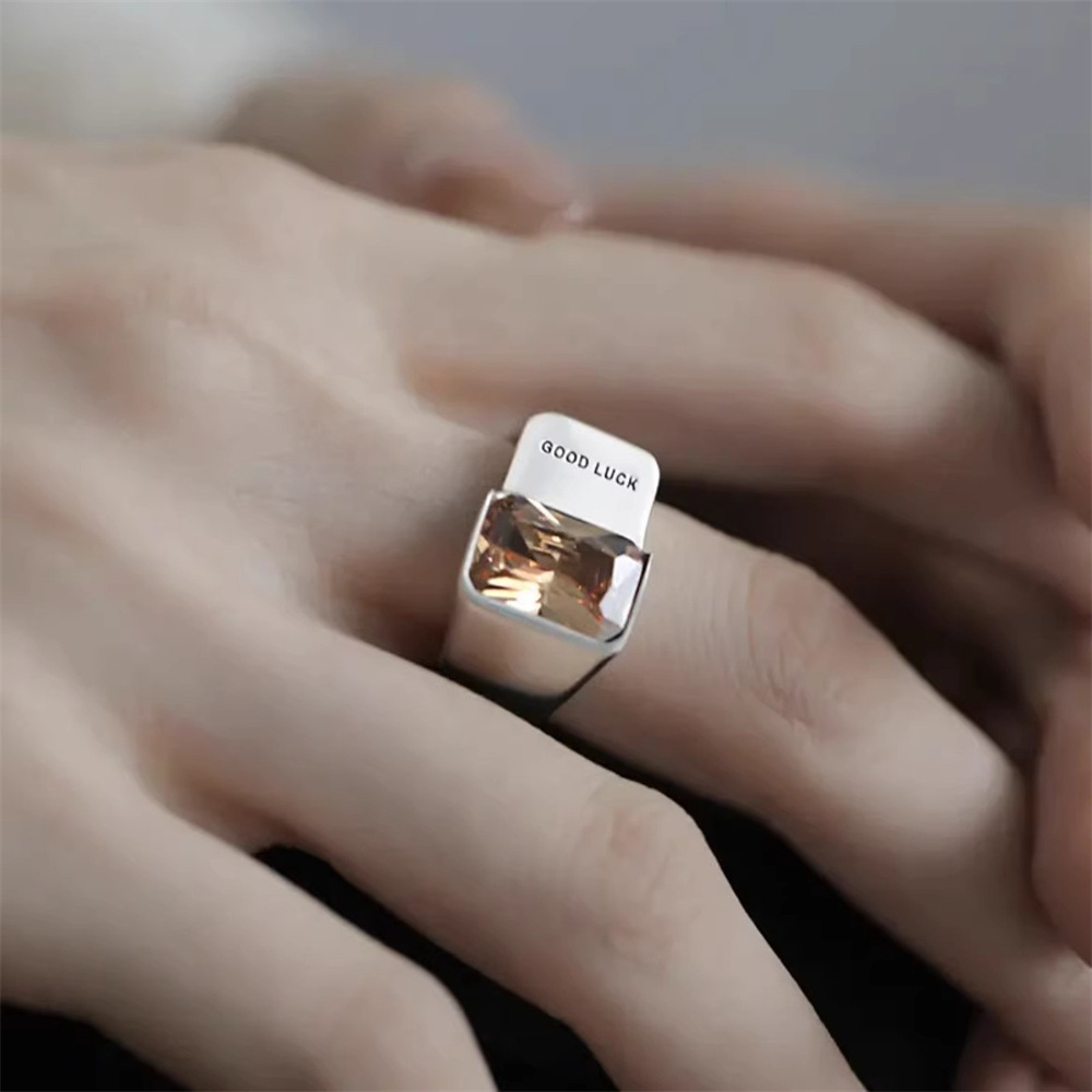 Lucky yellow diamond square diamond ring for women, s925 sterling silver, niche design, light luxury, individual fashion, cold style, loose-mouth jewelry Item Picture