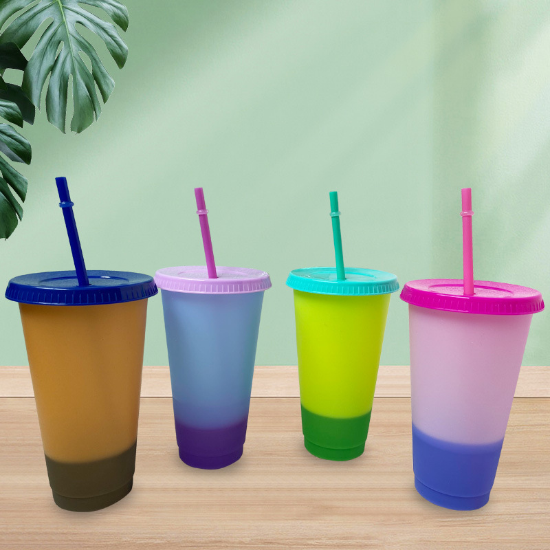 Large-capacity plastic straw cups, glitter color-changing cups that change color when cold, large plastic cups available for customization in multiple colors full figure