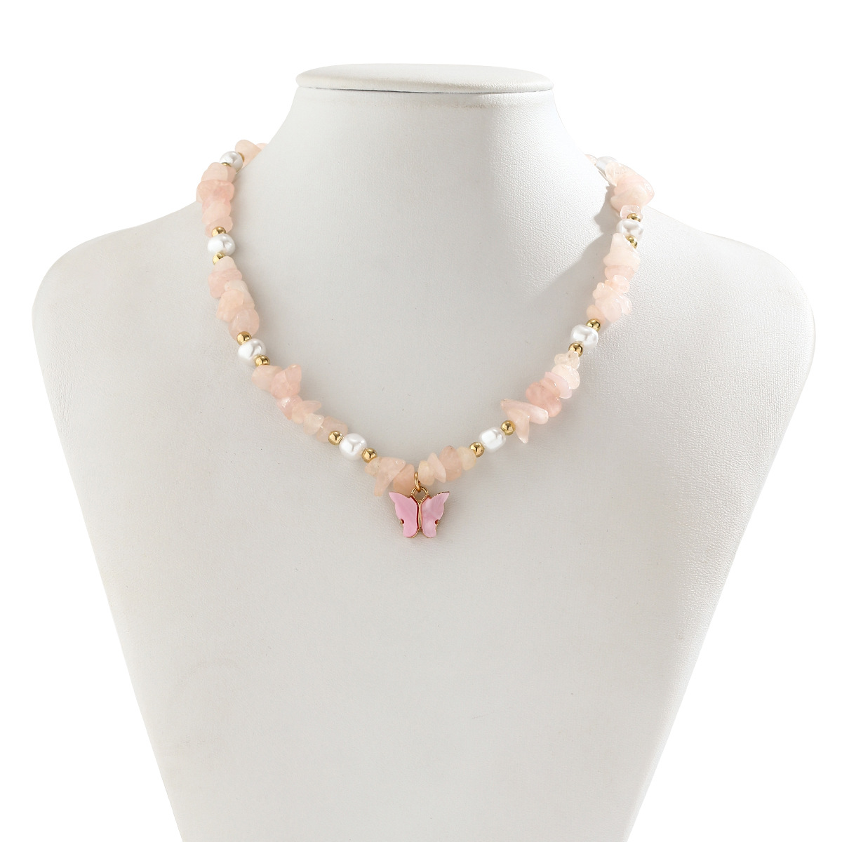 European and American cross-border jewelry, colorful dopamine crushed stone beaded collarbone chain, country-style summer necklace, butterfly necklace Item Picture