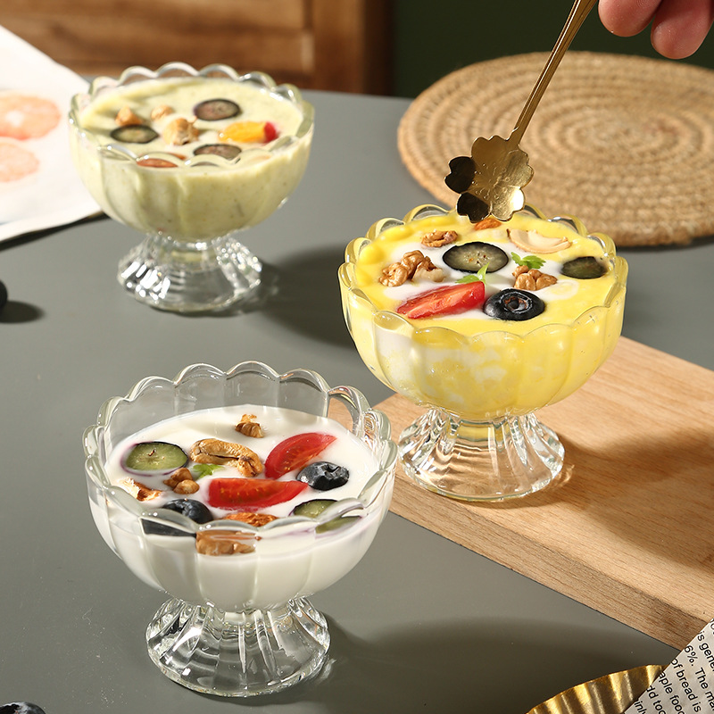Lotus Breakfast cup Thickened glass juice milk oat home high appearance level fruit salad ice cream mixing cup Specification drawing