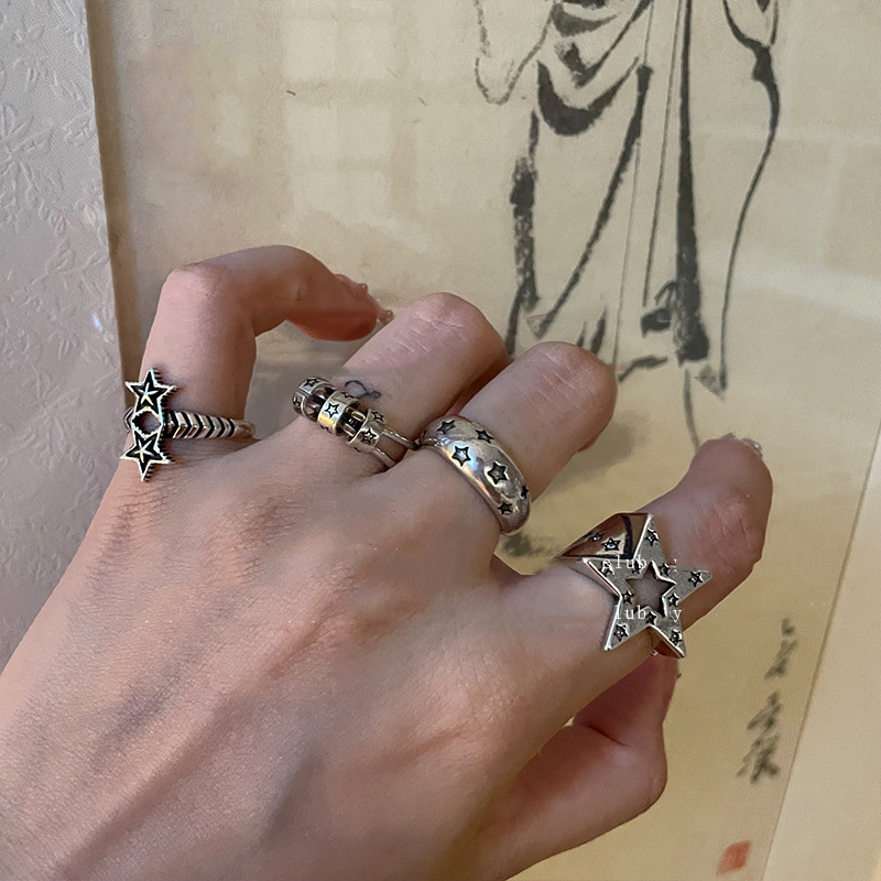 Korean retro, aged, niche and unique hollowed-out five-pointed star silver vintage ring for women on Instagram with adjustable opening Specification drawing