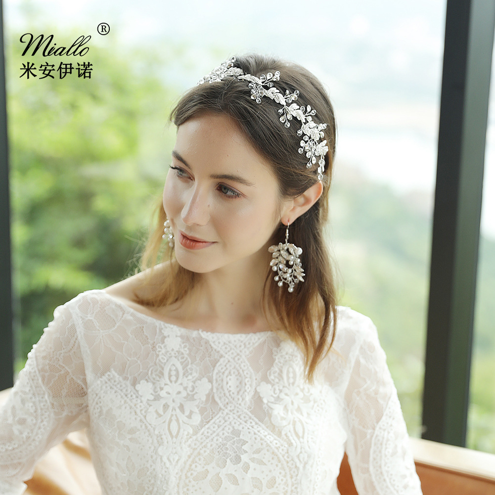 New wedding dress headbands, diamond-encrusted alloy leaf handcrafted hair bands, new European and American hair accessories, crystal bridal accessories full figure