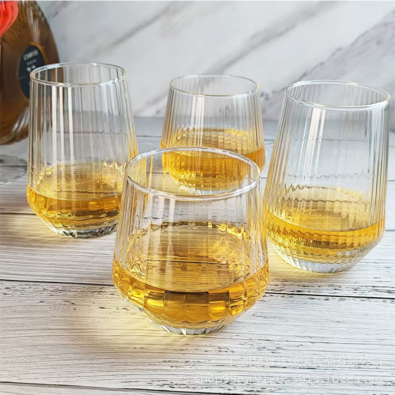 Large-bellied glass cups, juice cups, cold drink cups, sparkling water cups, fruit tea cups, beverage cups, whisky glasses, striped glasses Specification drawing