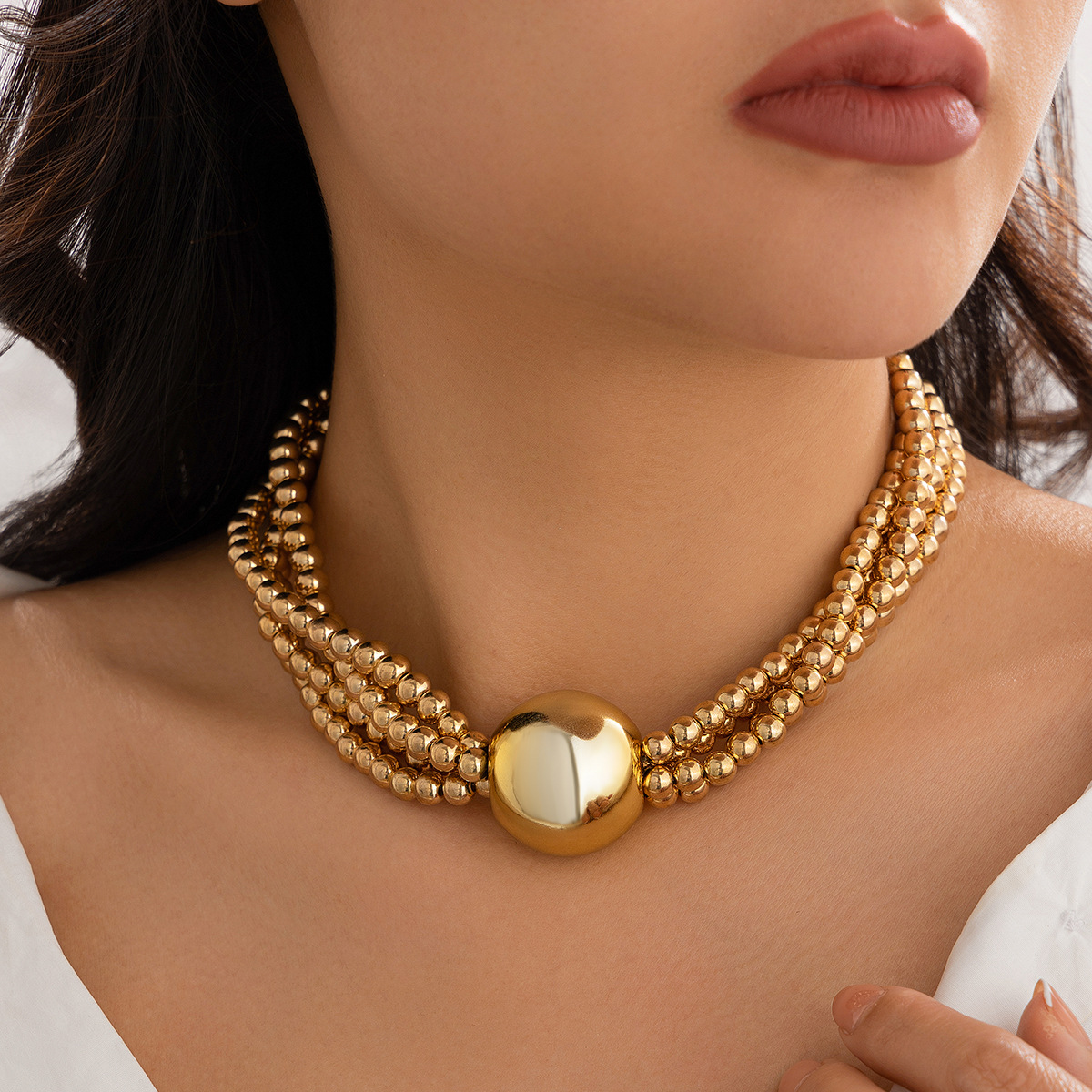 European and American cross-border jewelry, exaggerated round bead pendant, collarbone necklace, female hip-hop trend metal multi-layer pearl necklace details Picture