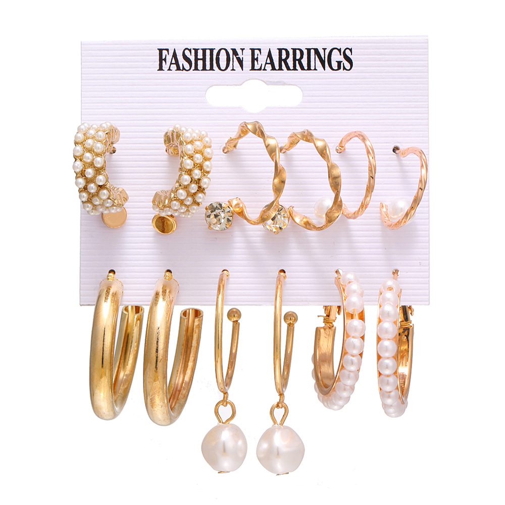 French retro gold earring set of 9 pieces, new European and American cross-border pearl-inlaid women's earrings and stud earrings Item Picture