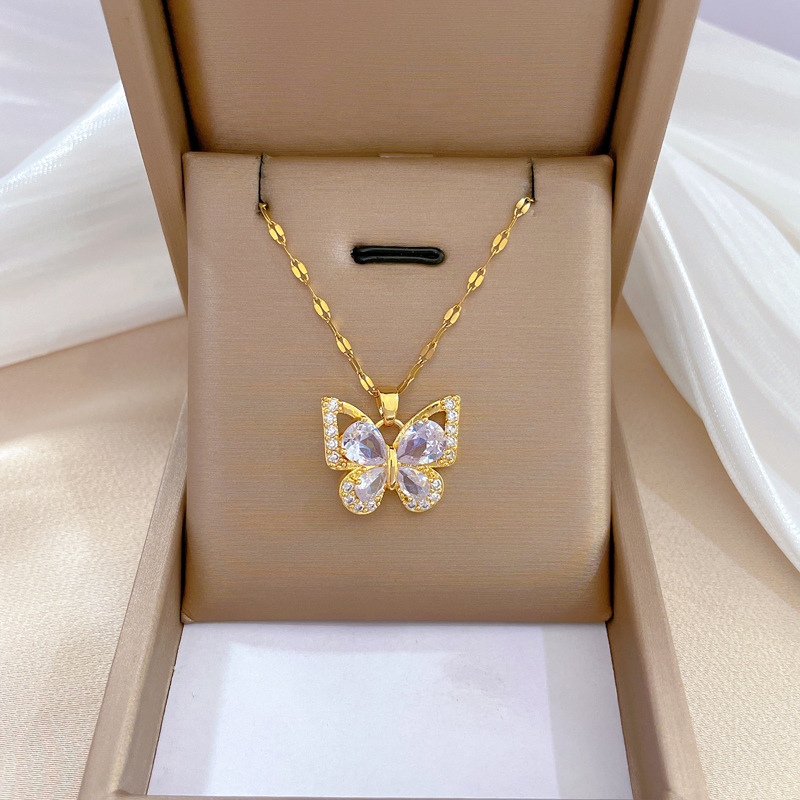 【 Titanium Steel 】 Zircon Butterfly Necklace Earrings Set, light luxury, slightly inlaid, personalized and elegant banquet earrings and necklaces combination Application Scenario