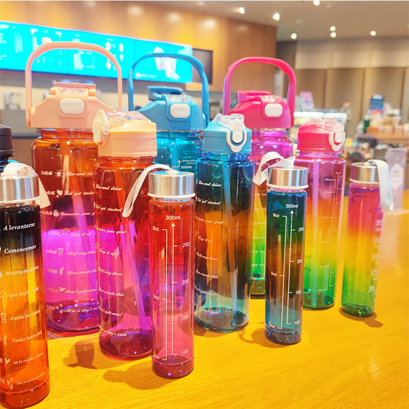 Gradient colorful three-piece set, large capacity straw, PET plastic cup with scale, fitness handle, sports cold water cup details Picture