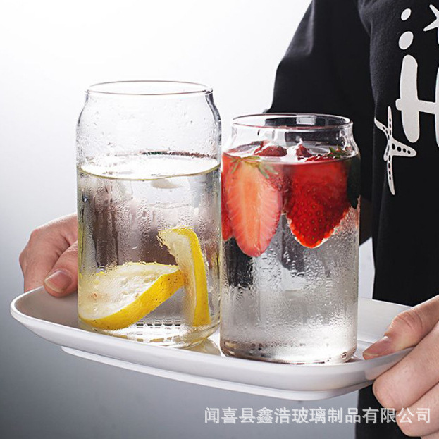High borosilicate glass beverage cups, transparent glass juice cups in the shape of cola cans, large-capacity household milk tea cups full figure