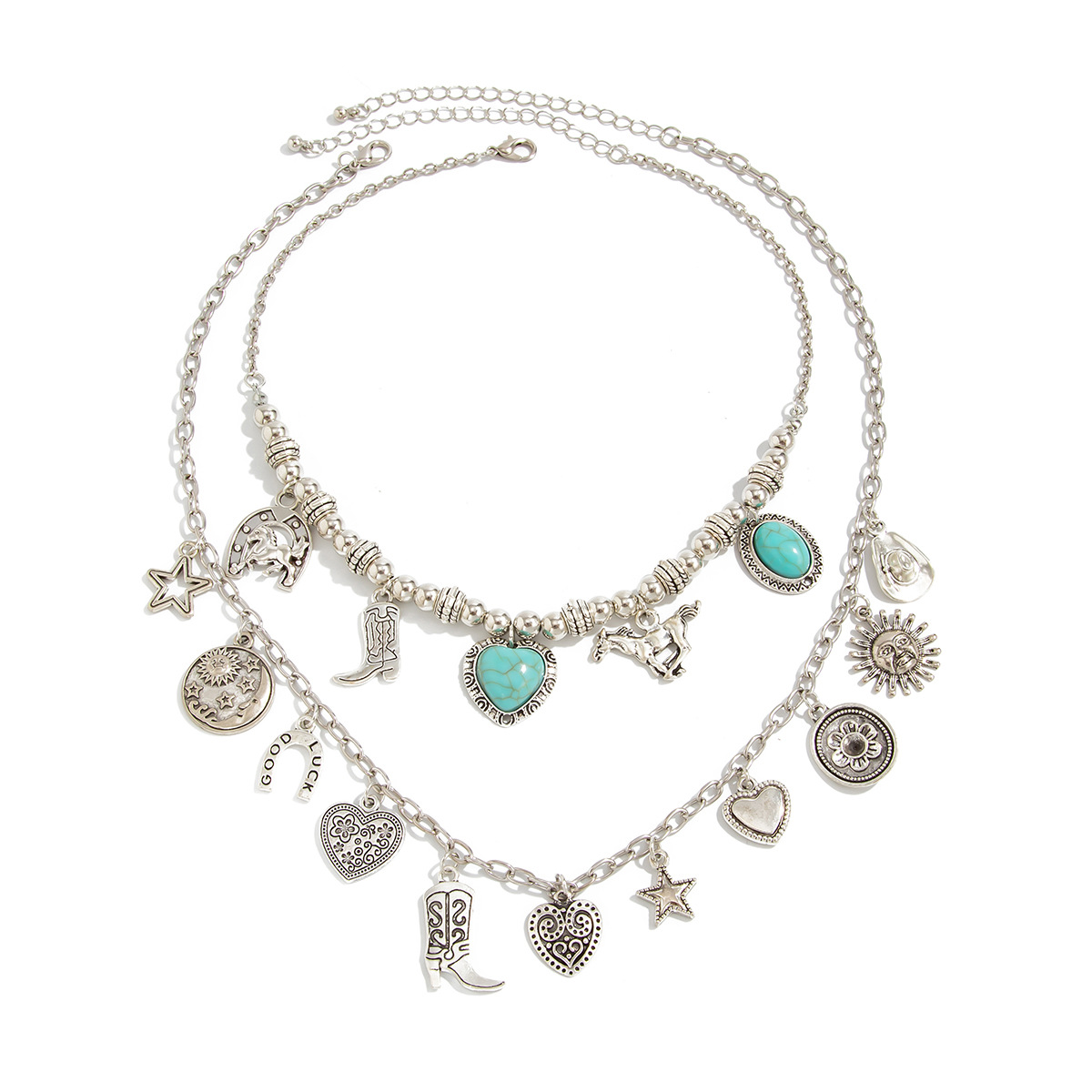 European and American cross-border accessories, punk ethnic style boots, alloy collarbone chain, Bohemian turquoise beaded chain necklace Item Picture