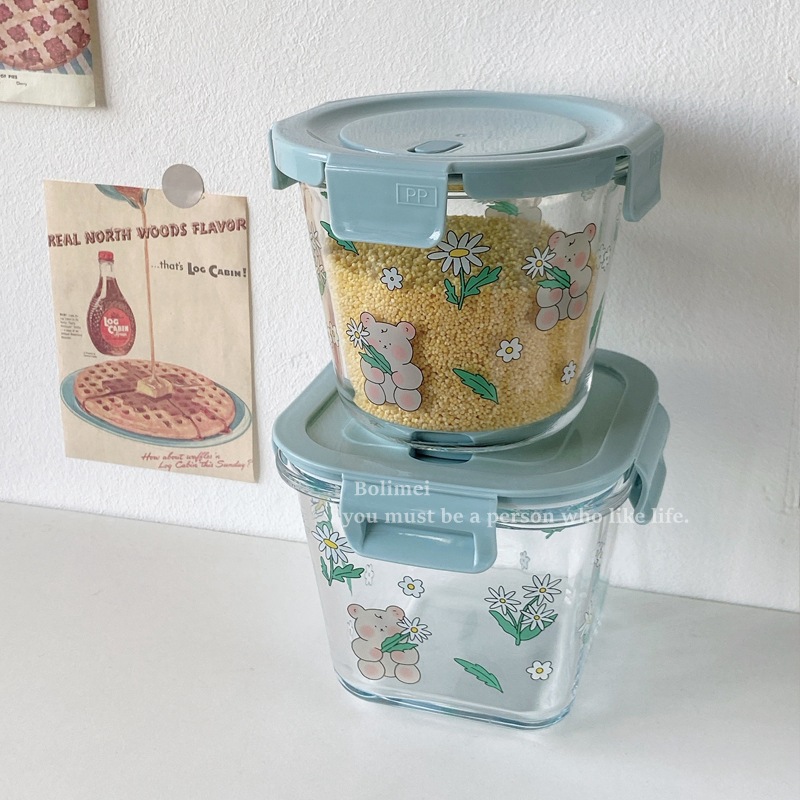 Bolimei Daisy Bear Food Preservation Bowl, heat-resistant glass food preservation box, covered soup bowl, portable glass bowl full figure