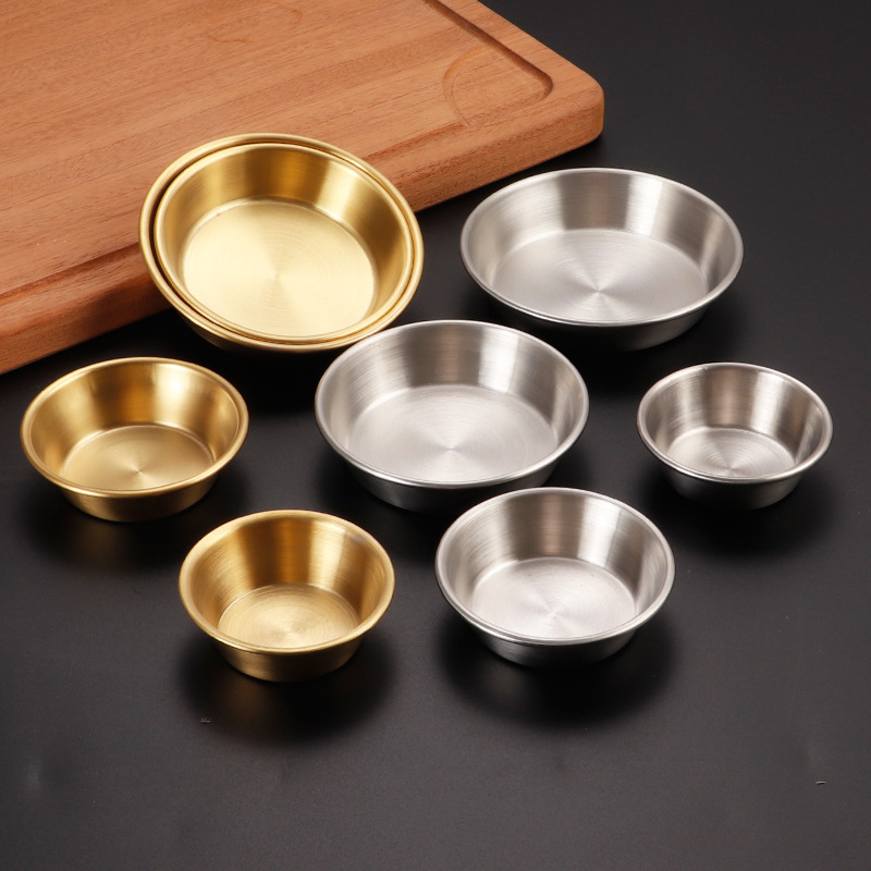 Korean barbecue restaurant kimchi plate, hot pot Western flavor plate, golden seasoning round plate, outdoor 304 stainless steel sauce plate full figure