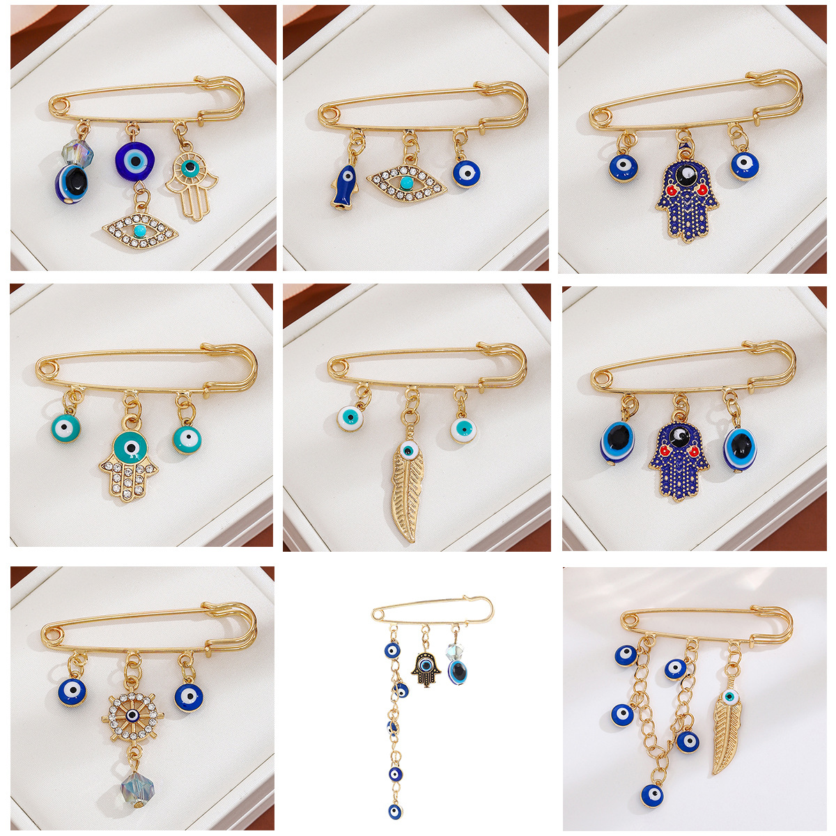 European and American creative diamond-encrusted devil's eye tassel brooch, high-end feel, blue eye cinched waist sweater, cold style brooch details Picture