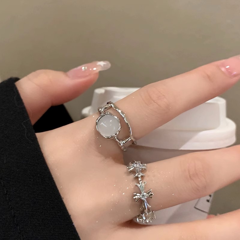 Cold style moonstone cross zircon open ring for women's Instagram niche design sense index finger ring, personalized ring Application Scenario