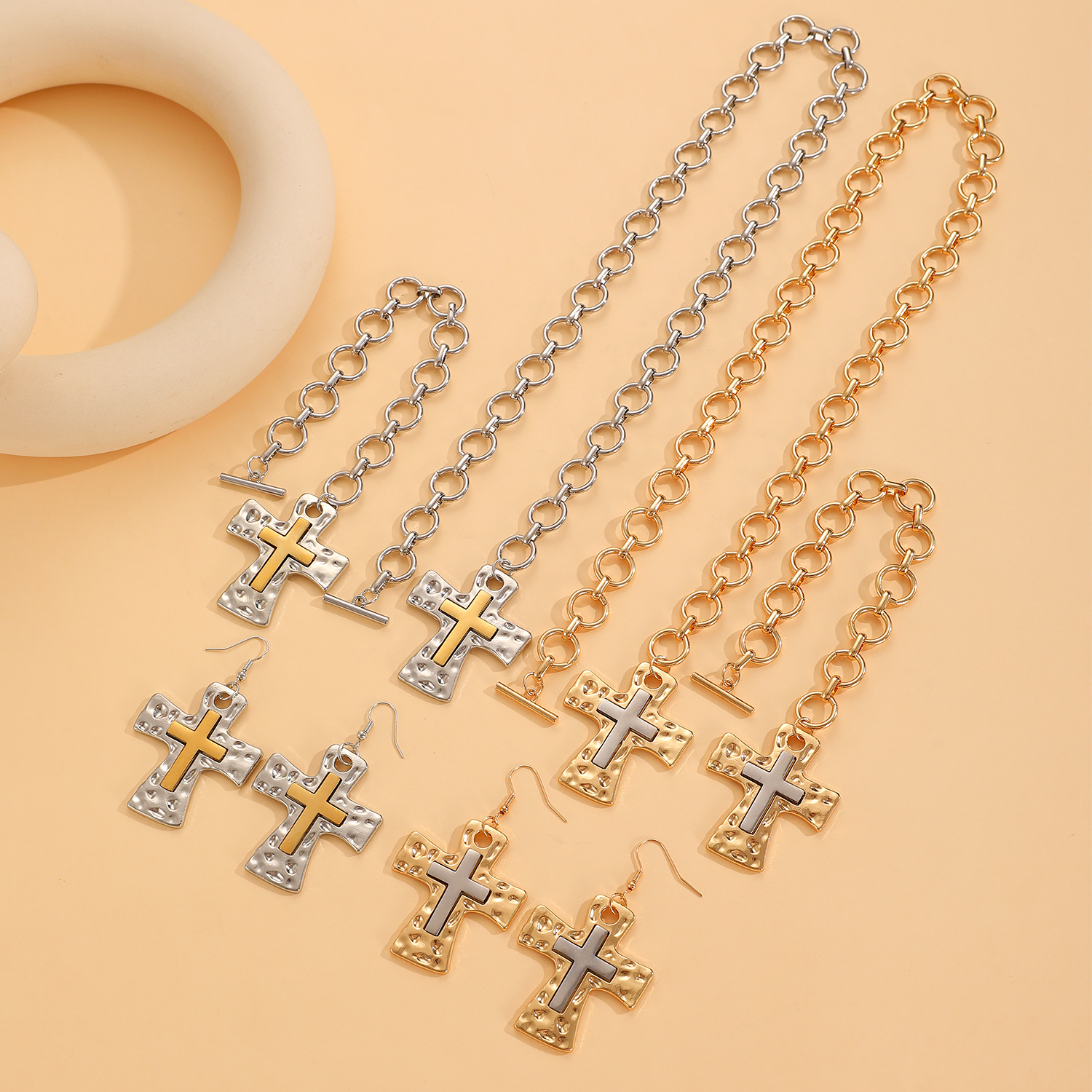 European and American threaded texture snail vortex cross earrings, bracelet, necklace set, jewelry three-piece set for women details Picture