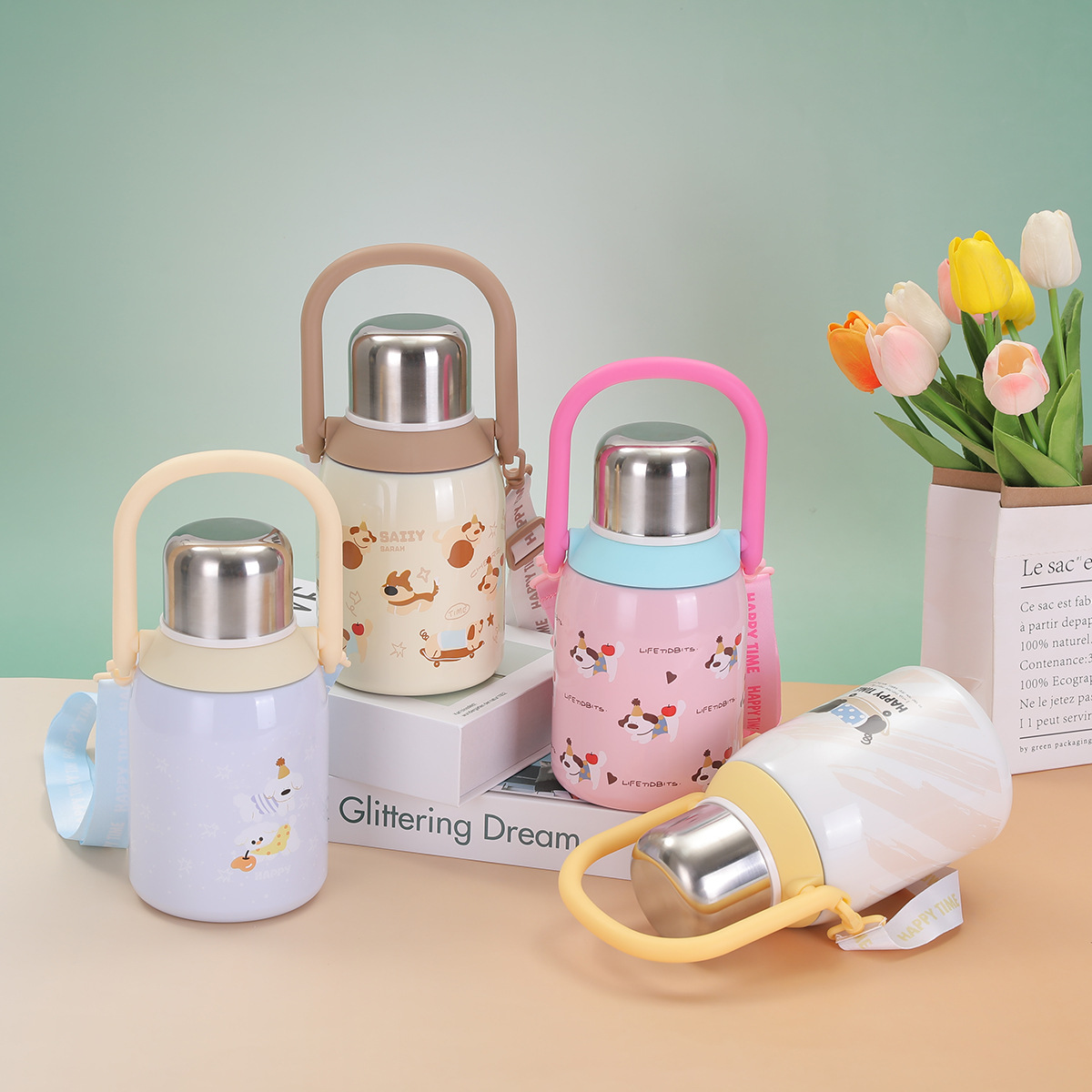 New double-drinking children's insulated cup, 316 stainless steel vacuum cup with tea strout, straw cup, large capacity, shoulder strap, tonnage pot details Picture