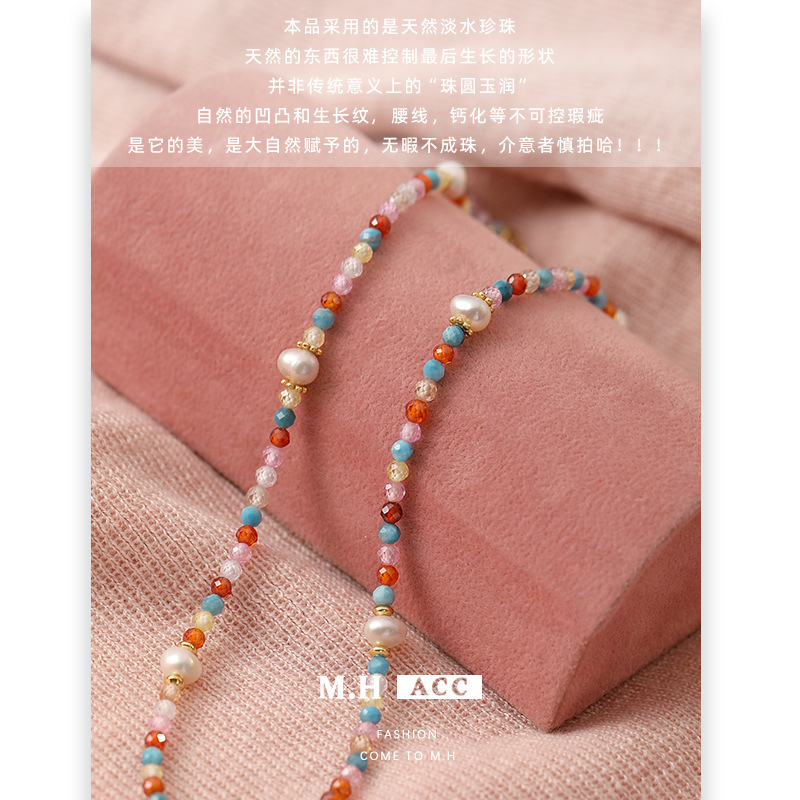 Carefully selected Bohemian vacation-style freshwater pearl necklace for women, light luxury colored zircon beaded collarbone necklace Application Scenario