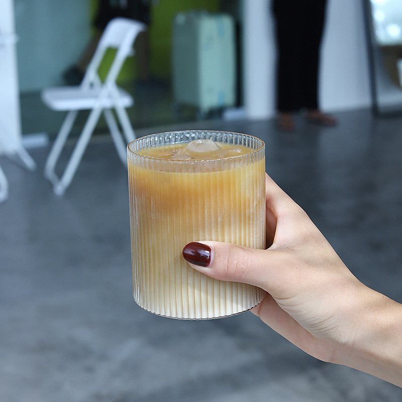 Vertical striped simple striped glass cup, drink cup, soda drink water cup, cold brew latte cup, iced coffee cup full figure