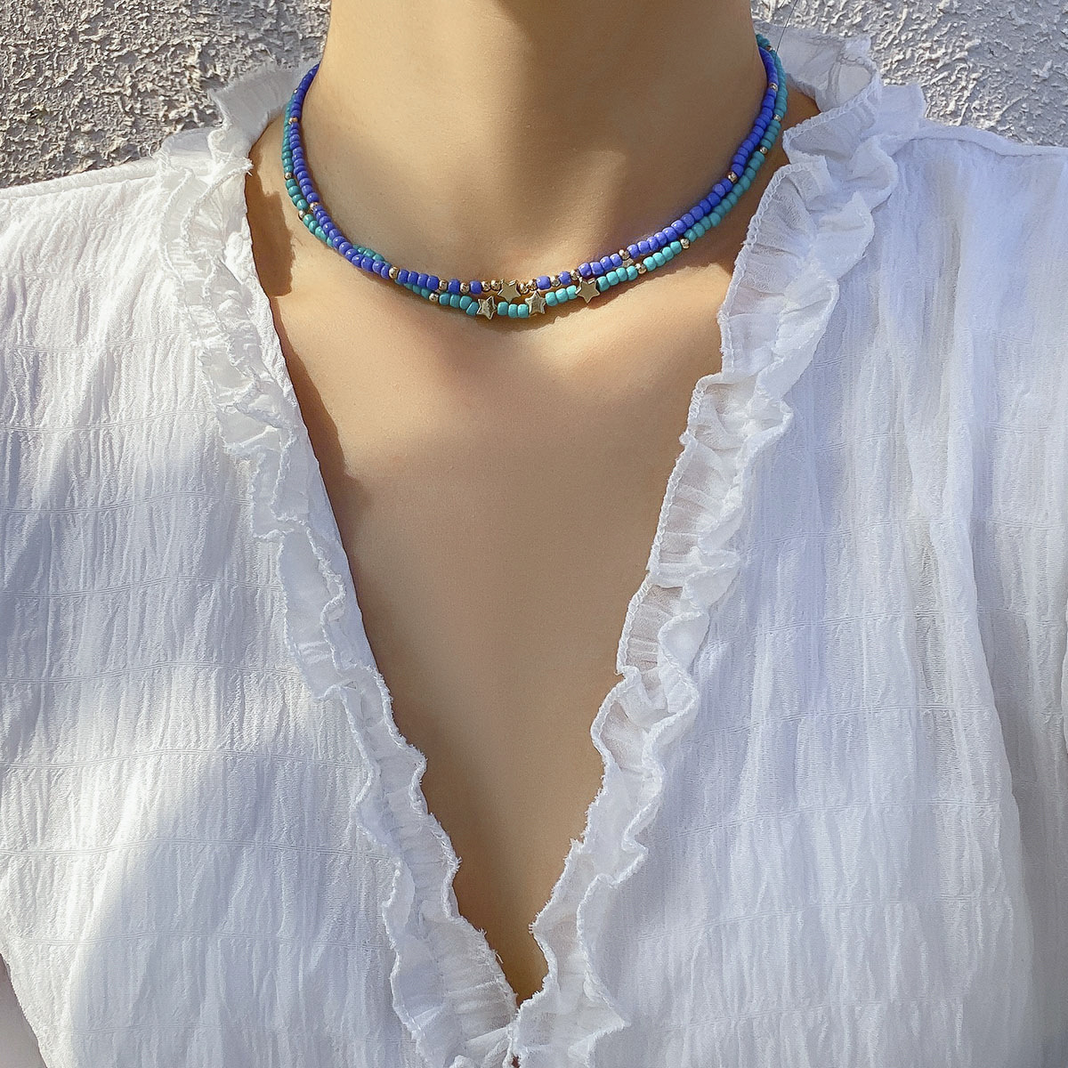 European and American cross-border jewelry, simple and rustic handcrafted rice bead beaded necklace, retro colorful star spice girl necklace Specification drawing