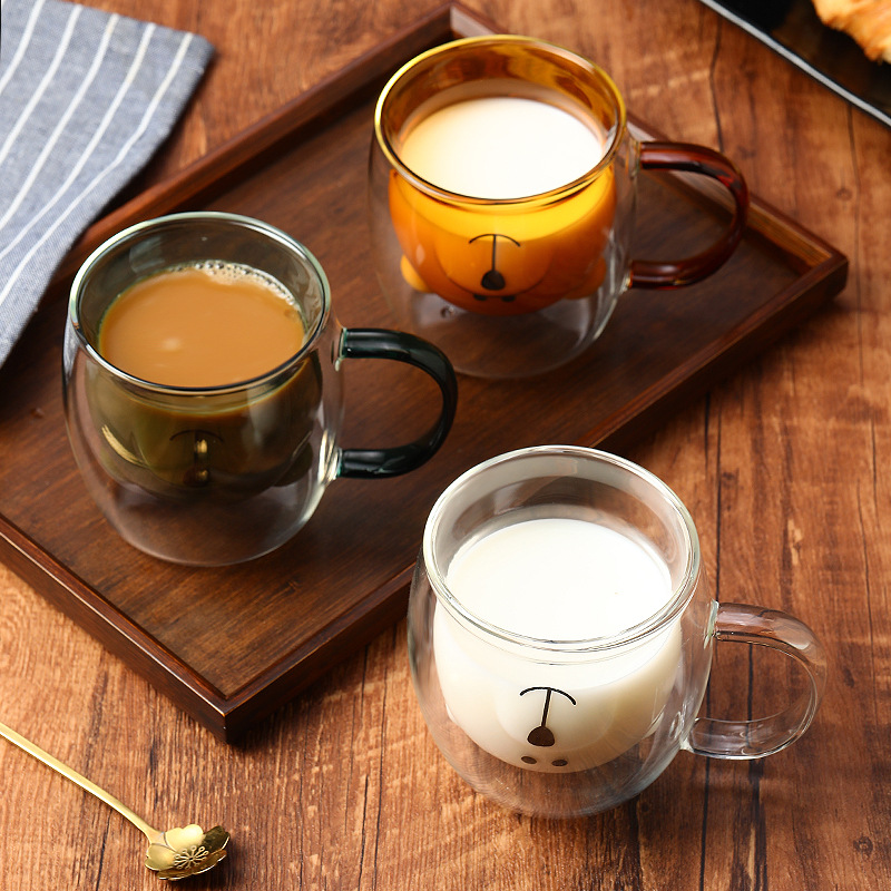 Cartoon bear cup, double-layer glass cup, heat-insulating cute-shaped cup, creative milk cup, coffee cup, breakfast cup, water cup Specification drawing