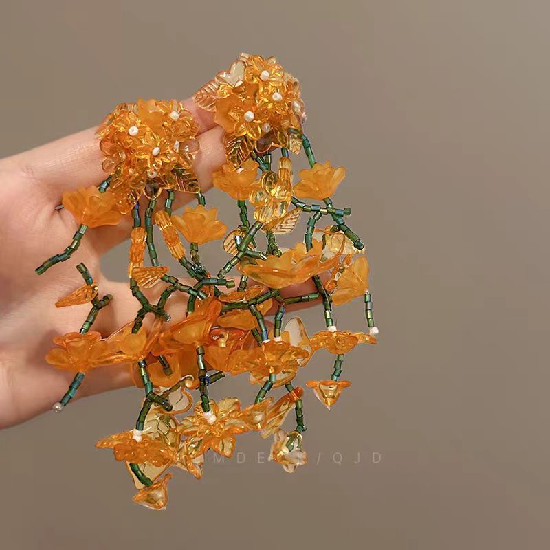 Orange Blossom Sea ~ Orange flower exaggerated tassel earrings, super ethereal, unique and fashionable earrings, summer face-enhancing small earrings Specification drawing